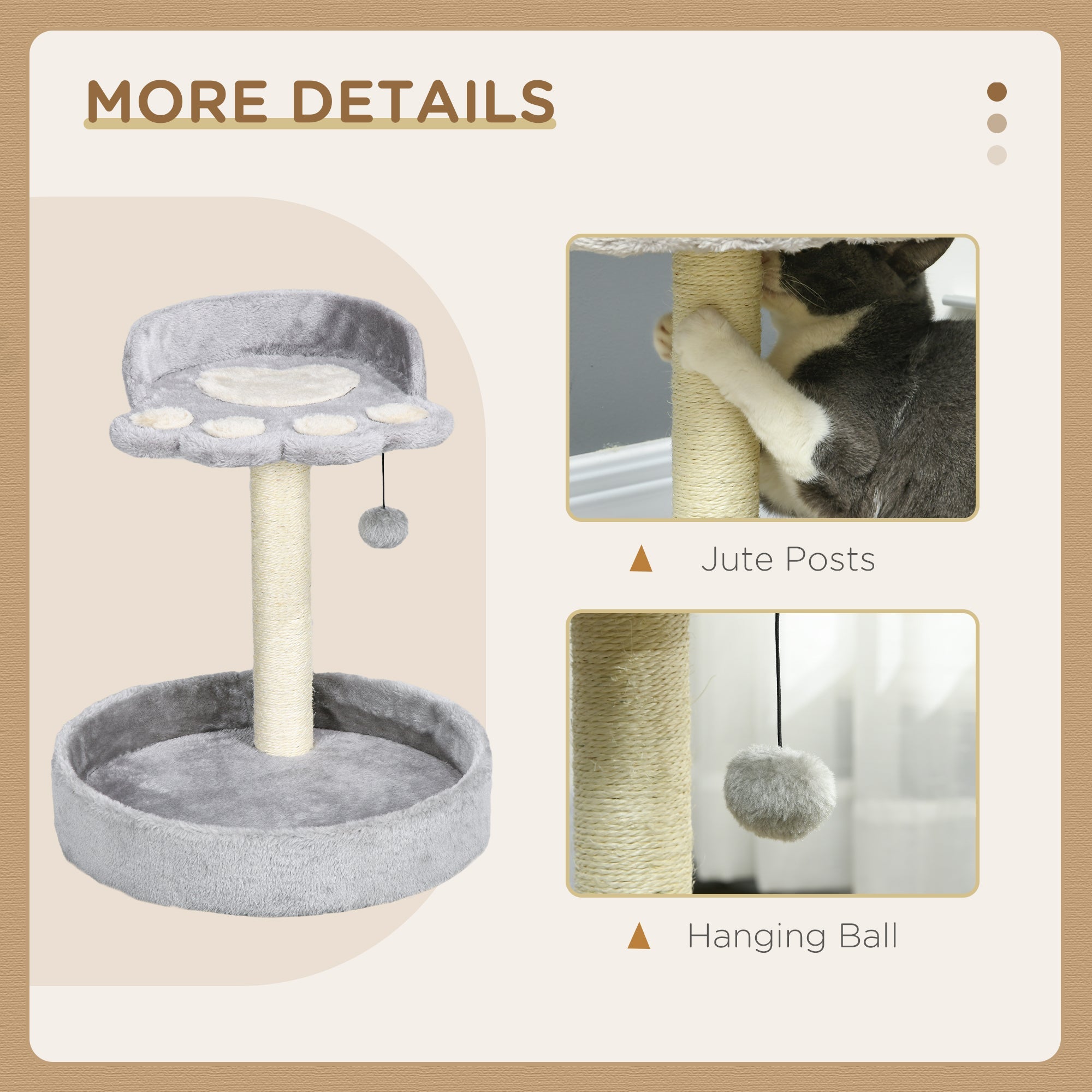 44cm Cat Tower, Cat Tree for Indoor Cats, with Sisal Cat Scratching Post, Toy Ball - Light Grey