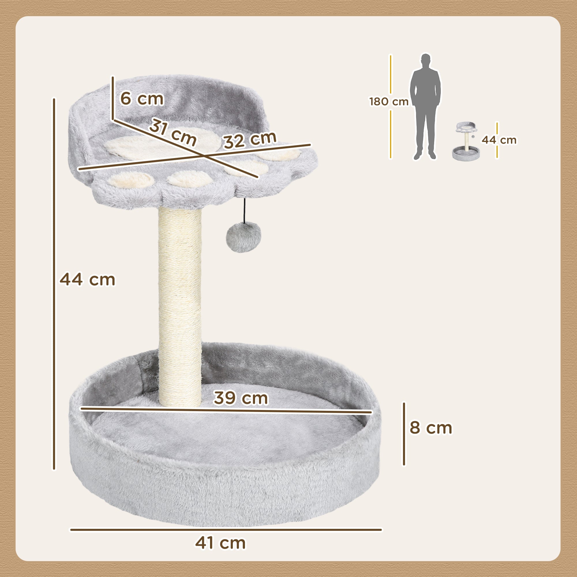 44cm Cat Tower, Cat Tree for Indoor Cats, with Sisal Cat Scratching Post, Toy Ball - Light Grey